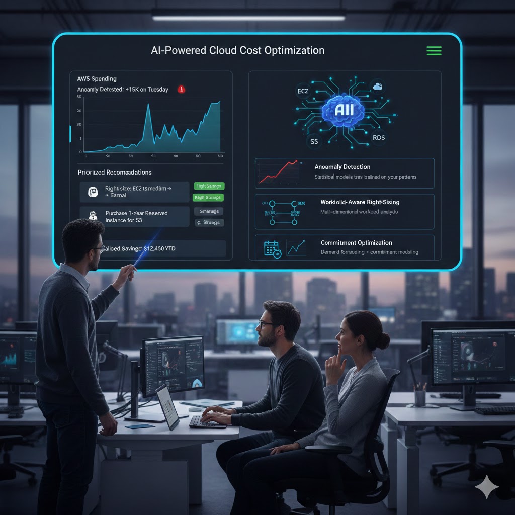 AI-Powered Cloud Cost Optimization dashboard showing anomaly detection, right-sizing, and commitment optimization