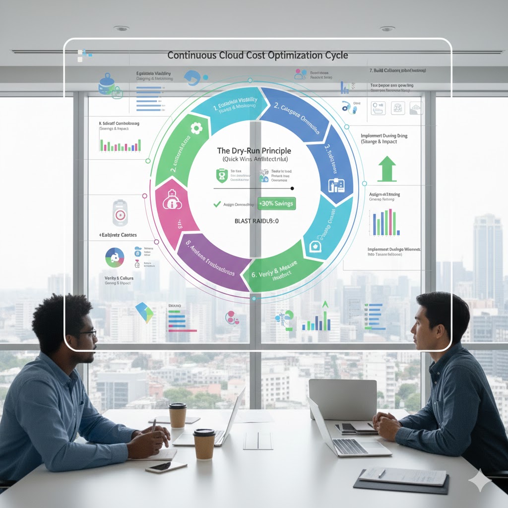 Continuous Cloud Cost Optimization Cycle - Establish Visibility, Categorize, Dry-Run, Assign Ownership, Implement, Verify & Measure