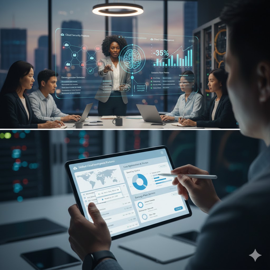 Unified Cloud Intelligence Platform: team presenting cloud security posture and cost management insights, with the unified dashboard on tablet
