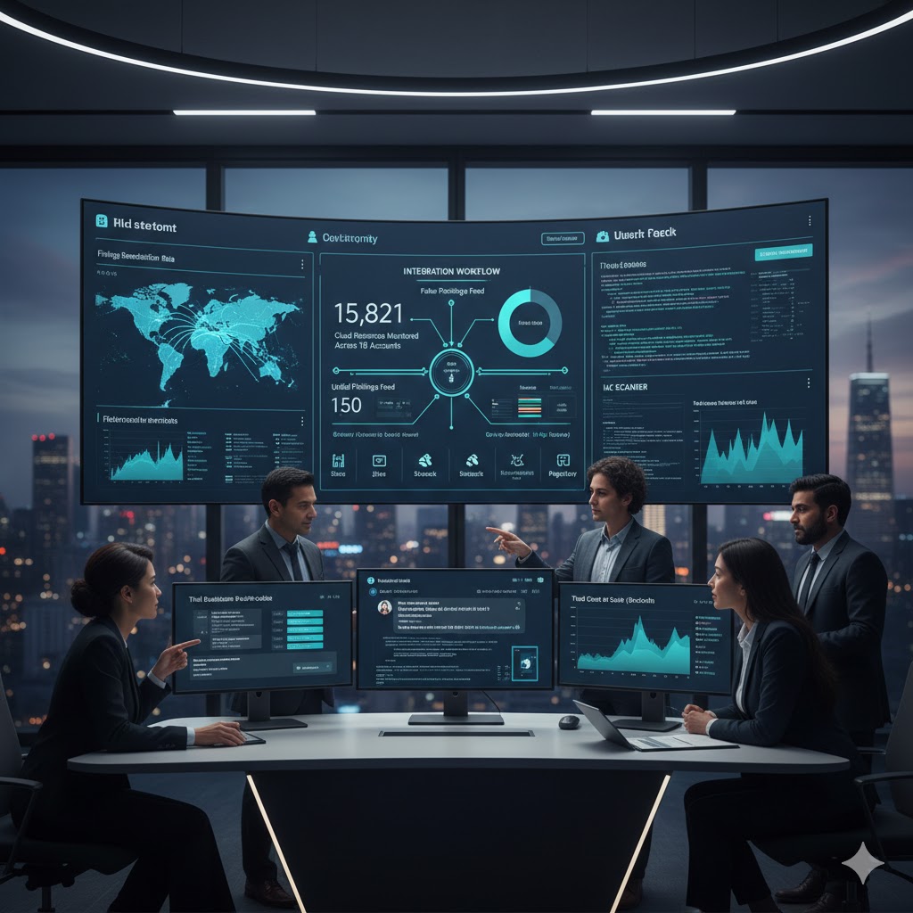 Unified Security Platform Dashboard - Integration Workflow, 15,821 Resources Monitored, IaC Scanner & Trial Evaluation