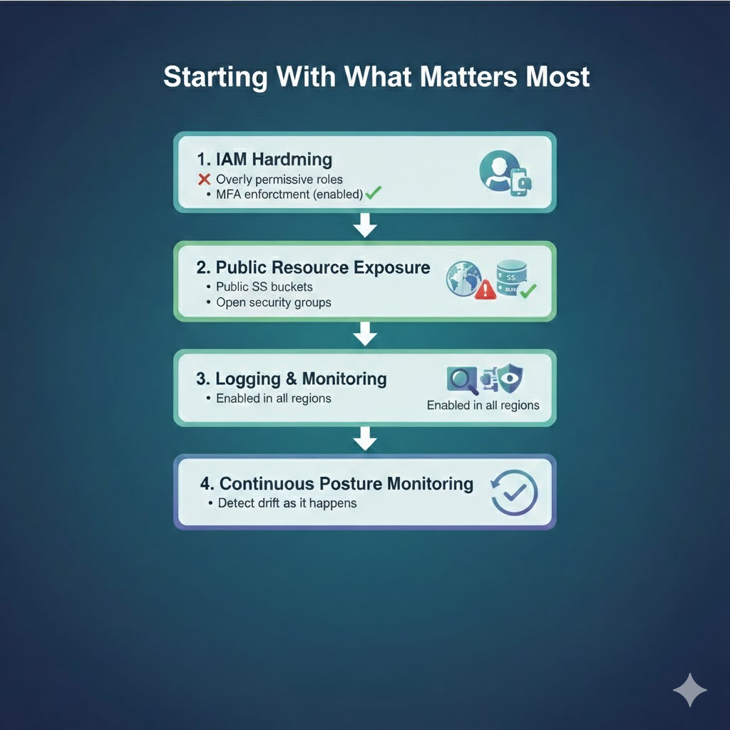 Starting with what matters most: IAM hardening, public resource exposure, logging & monitoring, and continuous posture monitoring