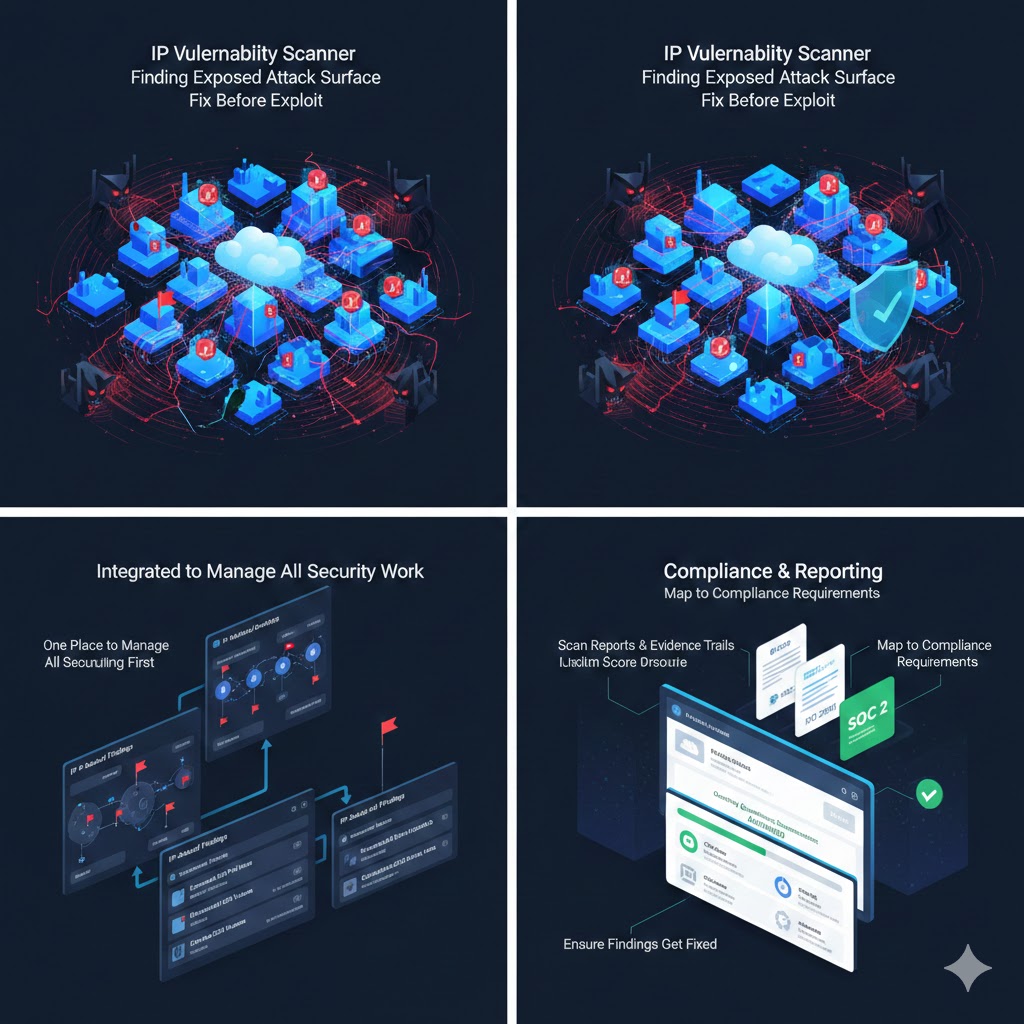 IP Vulnerability Scanner - Finding Exposed Attack Surface Before vs After, Integrated Security Workflow & Compliance Reporting