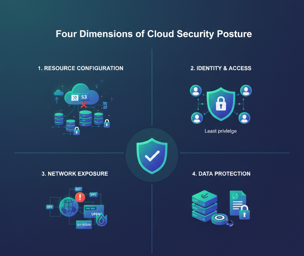 Four dimensions of cloud security posture: resource configuration, identity & access, network exposure, and data protection