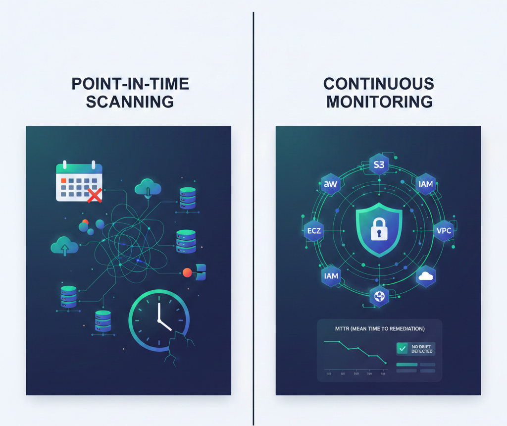 Point-in-time scanning vs continuous monitoring - why scheduled scans leave gaps in your cloud security